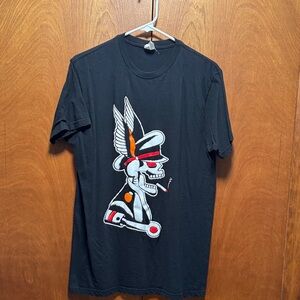 Vintage Bay Island Black Tee with Winged Skeleton Graphic